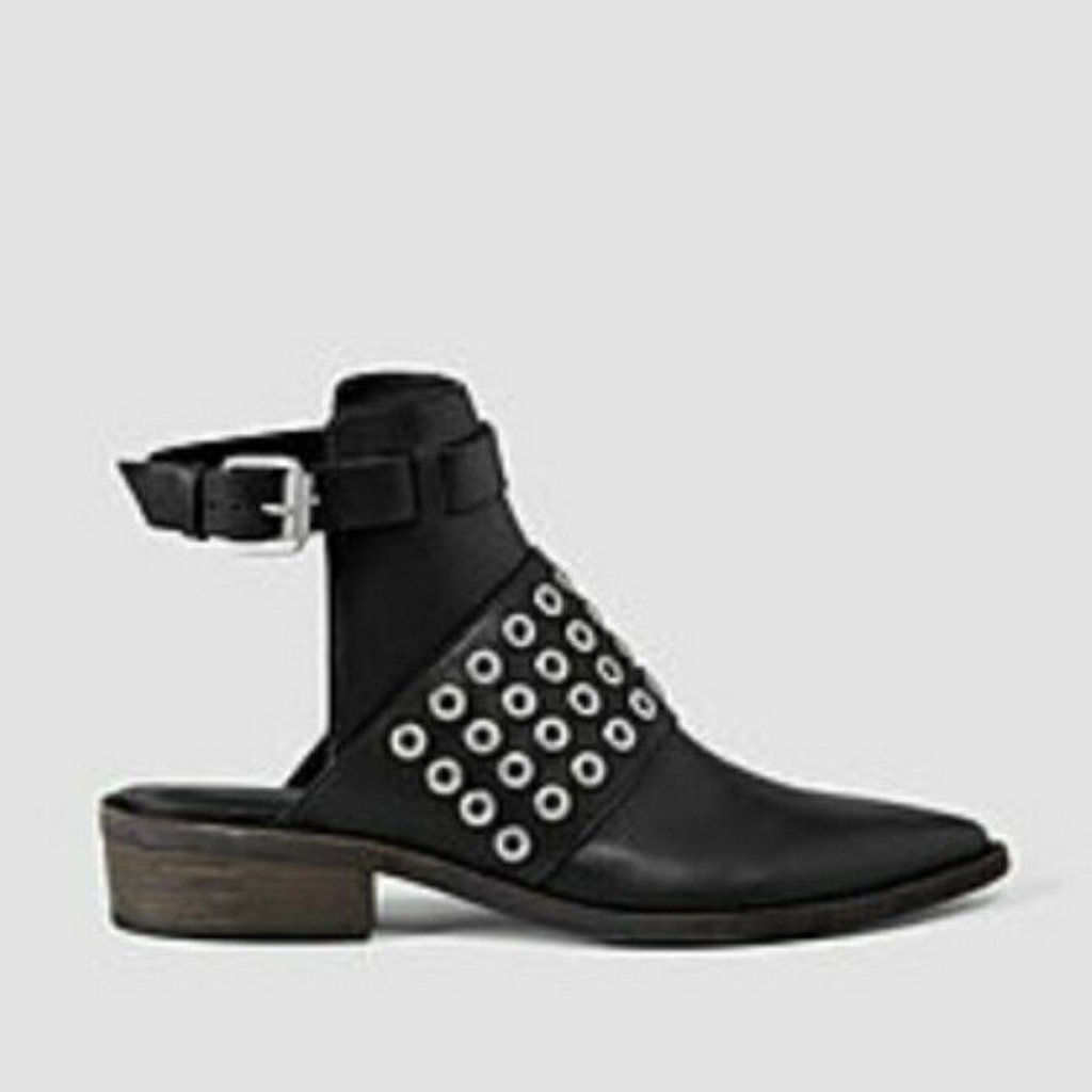 $415 All Saints Yannis Leather Open Back Booties - Black - Us 7 Eu 38 Uk 5